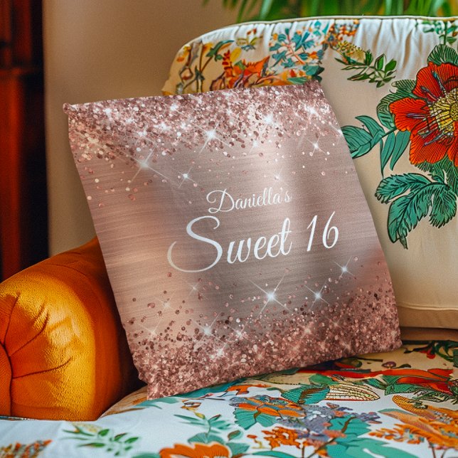 Almofada Brilhante Rosa Dourado brilhante e foil Sweet 16 (Sparkly Rose Gold Glitter and Foil Sweet 16 Throw Pillow)