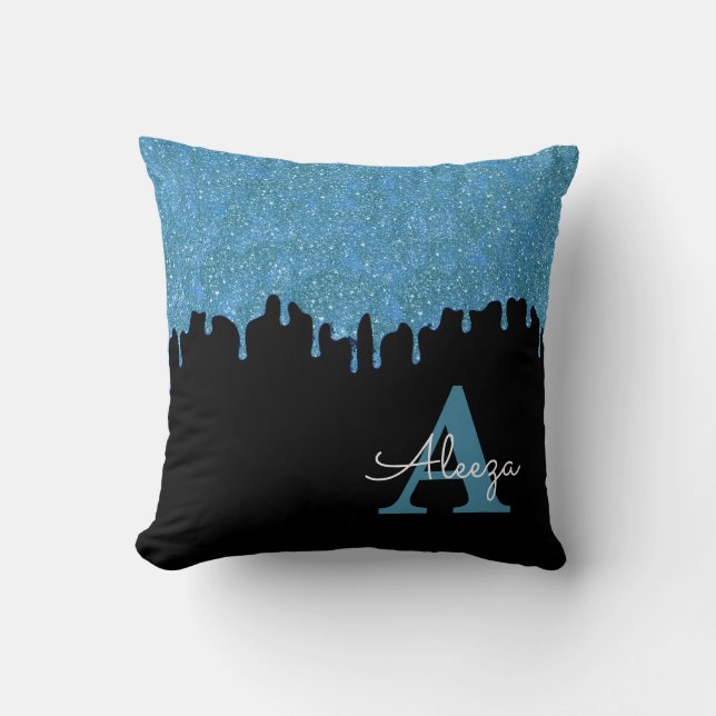 Almofada Brilho de Monograma Azul Esverdeado e Preto com Go (Frente)