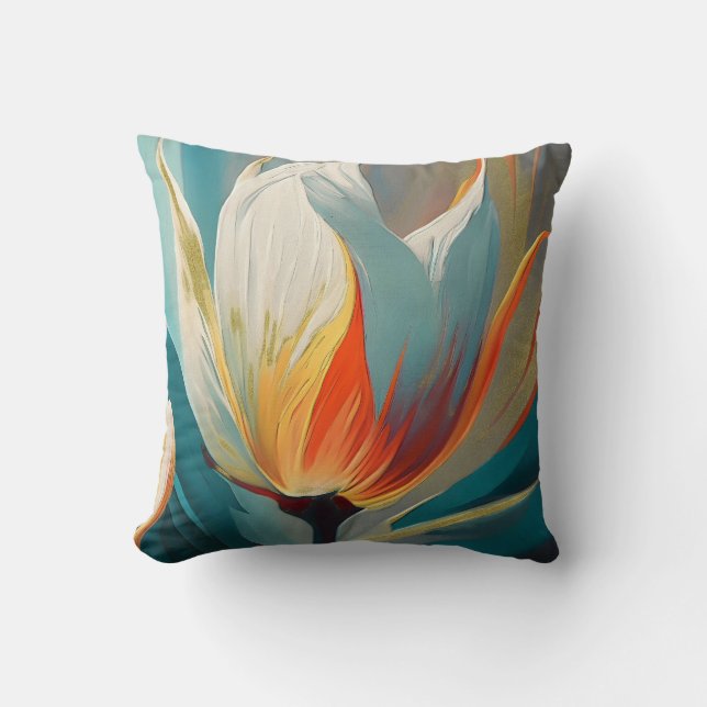 Almofada Brilho Floral Abstrato em Turquesa e Laranja (Frente)