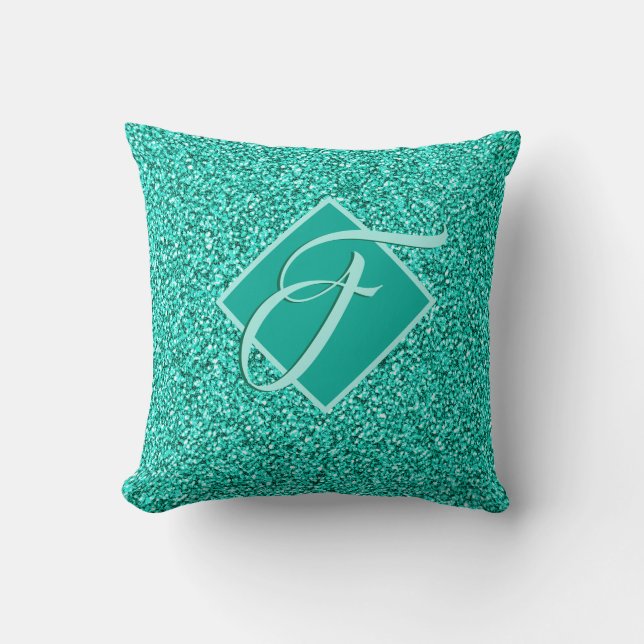 Almofada Brilho Glam Turquesas Azul Glitter Monogramado (Frente)