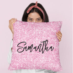 Almofada Brilho Rosa Claro Preto Pincel Script