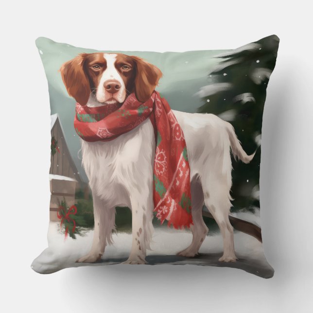 Almofada Brittany Spaniel Dog no Natal da Neve (Frente)