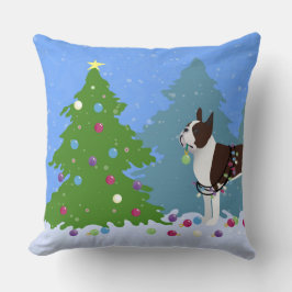 Almofada Brown Boston Terrier na Floresta de Natal