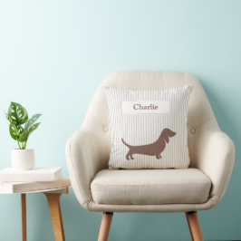 Almofada Brown Dachshund em Beige Stripes Nome Personalizad