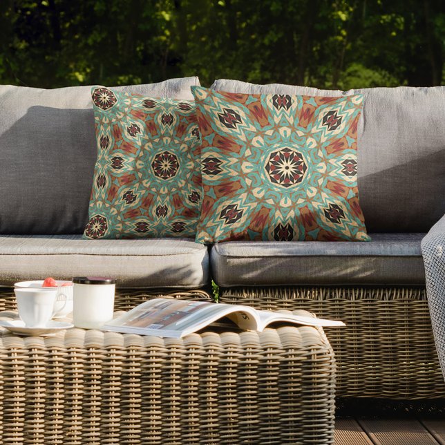 Almofada Brown Turquoise Red Orange Mandala Arte Tribal (Criador carregado)