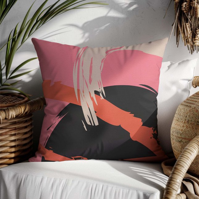 Almofada Brushstrokes modernas - Rosa, Pêssego e Preto em b (Criador carregado)