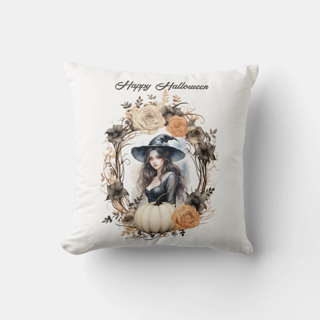 Almofada Bruxa bonito no Halloween Wreath (Frente)