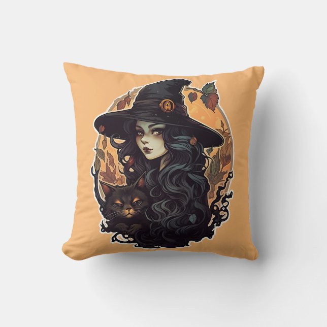 Almofada Bruxa com o gato preto halloween (Frente)