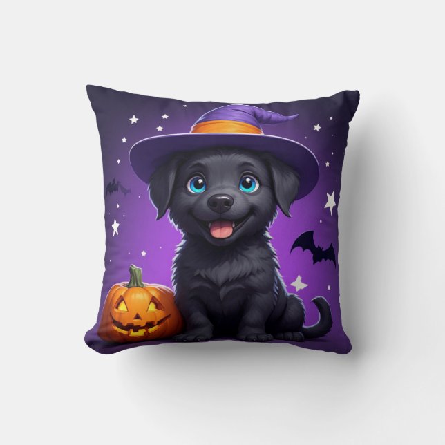 Almofada Bruxa de Chapéu de Cachorrinho Fofo Halloween 🐶 (Frente)
