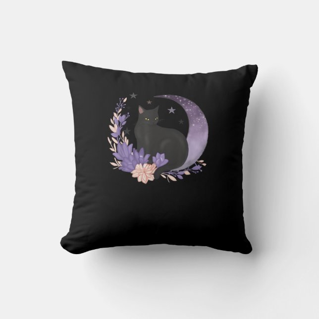 Almofada Bruxa de Gato Flores da Lua Pastel Goth Goblincore (Frente)