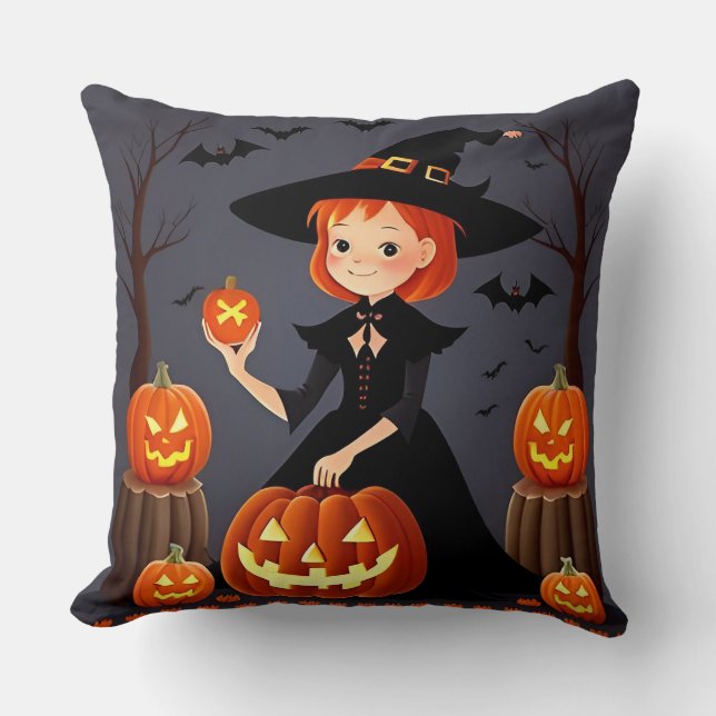 Almofada Bruxa de Halloween com Abóboras (Frente)