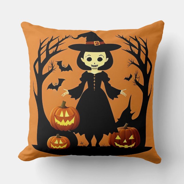 Almofada Bruxa de Halloween com Pumpkins em Spooky Setting (Frente)