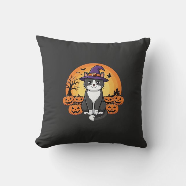 Almofada Bruxa de Halloween Gato Abóbora Lua Desenho_1 (Frente)