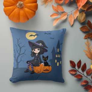 Almofada Bruxa de Halloween, Gato Preto e Abóboras Curvadas