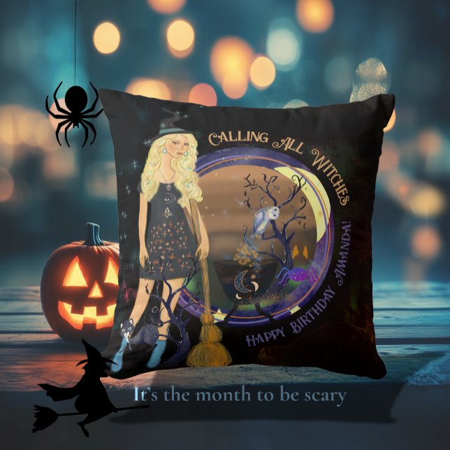 Almofada Bruxa de Halloween Negra (Halloween Witch Birthday Black Throw Pillow)