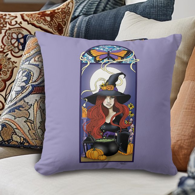 Almofada Bruxa de Outono Art Nouveau Abóboras Lua Roxa (Criador carregado)