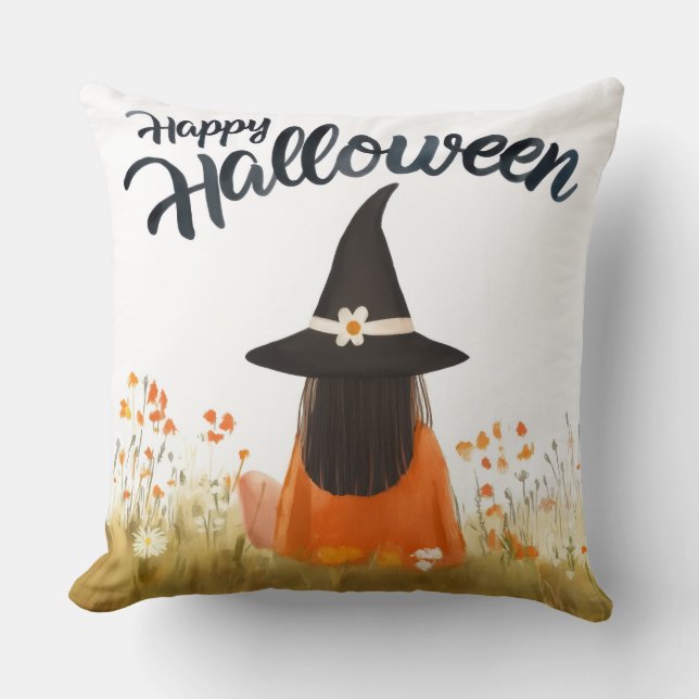 Almofada Bruxa do Halloween em Campo de Flores (Frente)