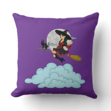 Bruxa e gato preto voando sobre vassoura