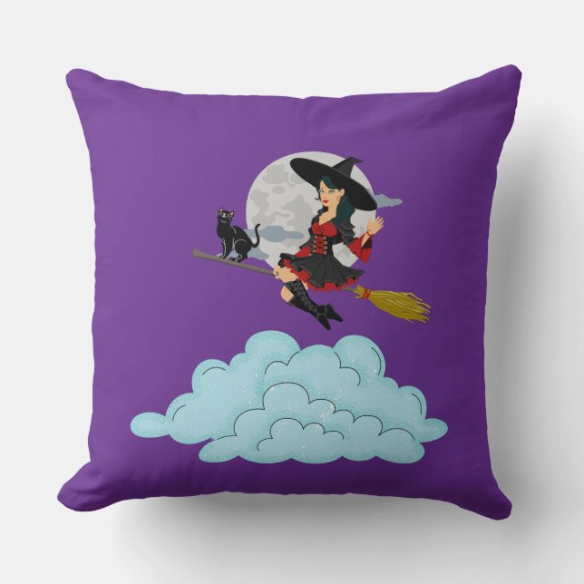 Almofada Bruxa e gato preto voando sobre vassoura (Frente)