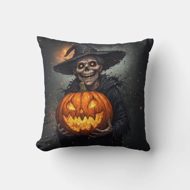 Almofada Bruxa Esqueleto Com Abóbora Brilhante Halloween 🎃 (Frente)
