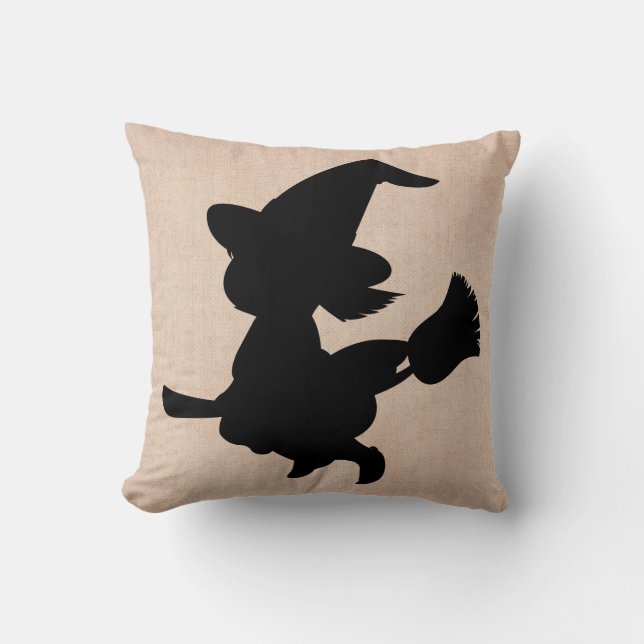 Almofada Bruxa Feliz de Halloween com Broom Burlap (Frente)