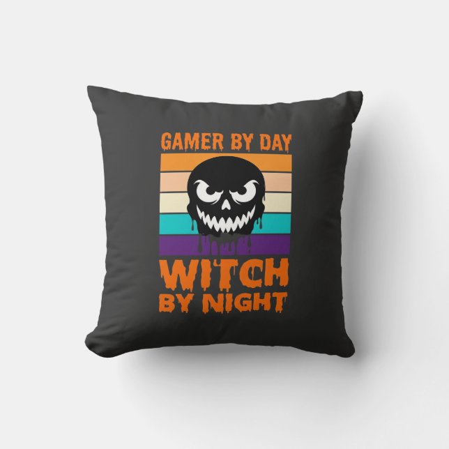 Almofada Bruxa Gamer Halloween Crânio Retro (Frente)