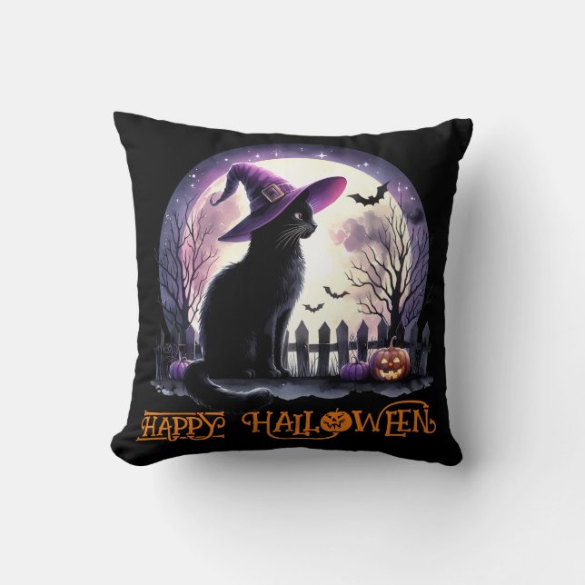 Almofada Bruxa Negra de Gato e Morcegos do Halloween (Frente)