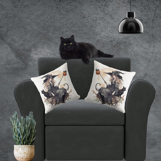 Almofada Bruxas e Gatos com Lua de Colheita e Ravens (Cute witch with black cat Halloween themed throw pillows. )
