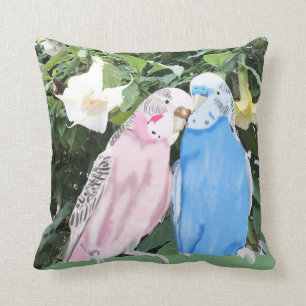 Almofada Budgies e flores de trombeta brancas do anjo