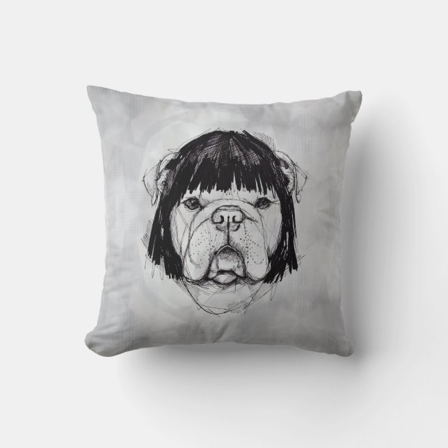 Almofada Bulldog com uma Peruca (Estilo 6) Arte Fina (Frente)