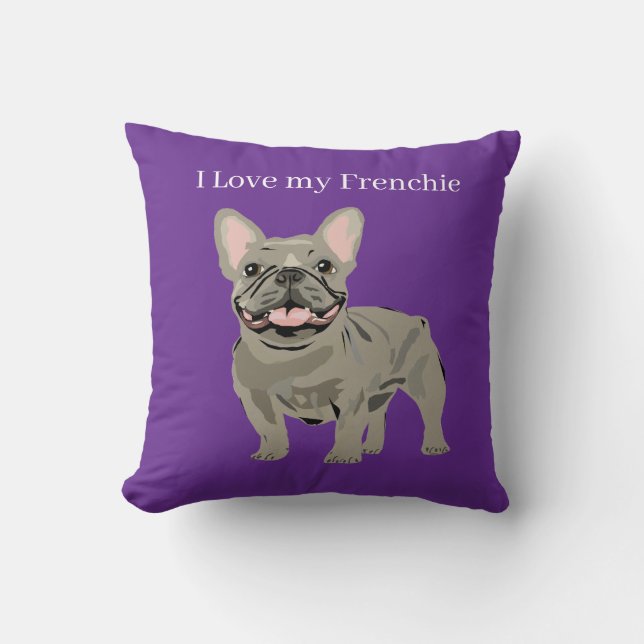 Almofada Bulldog Francês Cinza, Eu amo meu frenchie (Frente)