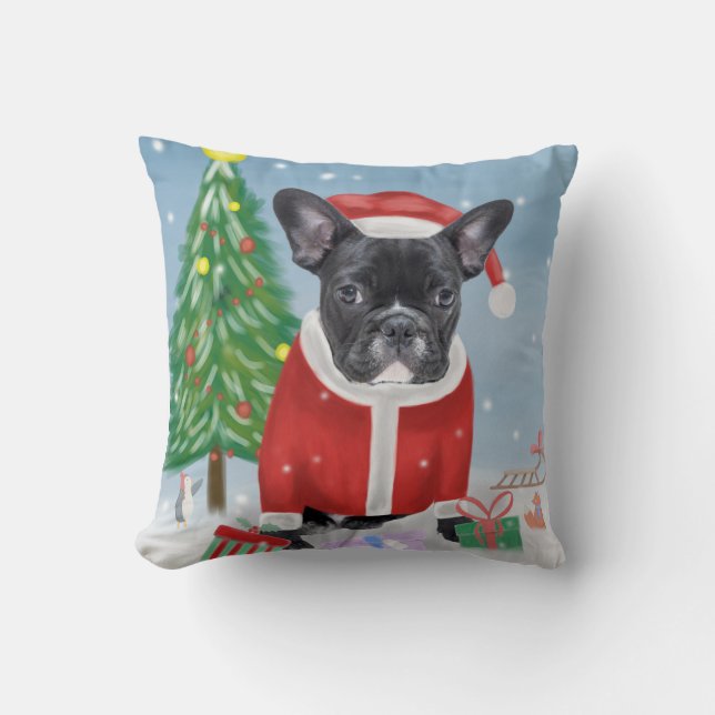Almofada Bulldog Francês em Neve com Presentes de Natal (Frente)