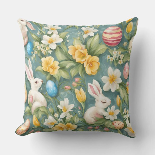 Almofada Bunnies, Flores de primavera e Ovos de Páscoa. Pin (Frente)