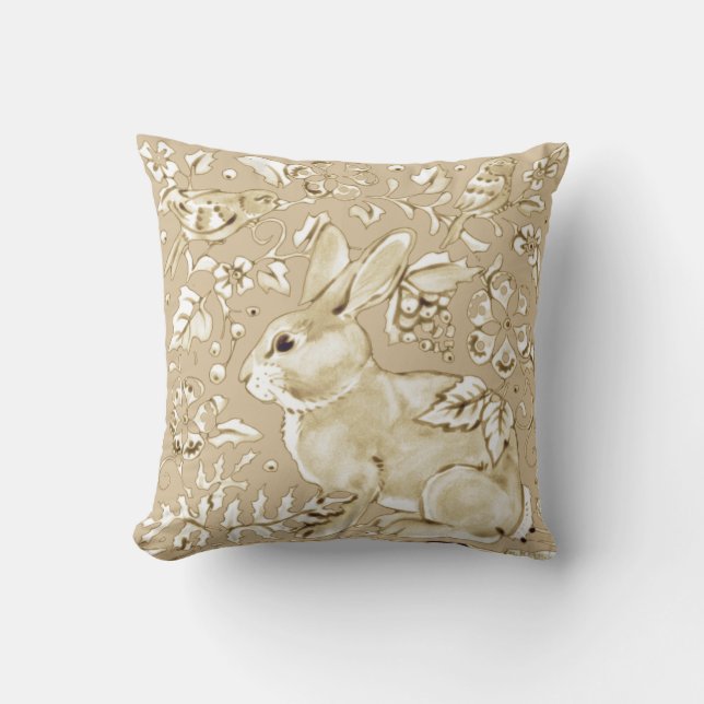 Almofada Bunny Rabbit Bird Beige Tan, Ivory Floral Elegante (Frente)
