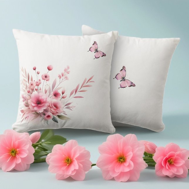 Almofada Buquê de Flores de Rosa Primavera Rosa com Borbole (Criador carregado)
