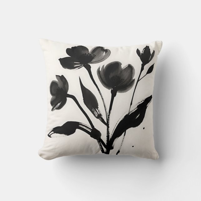 Almofada Buquê de Flores de Tinta Preta (Frente)
