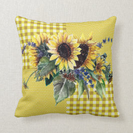 Almofada Buquê de girassol no padrão amarelo de Gingham