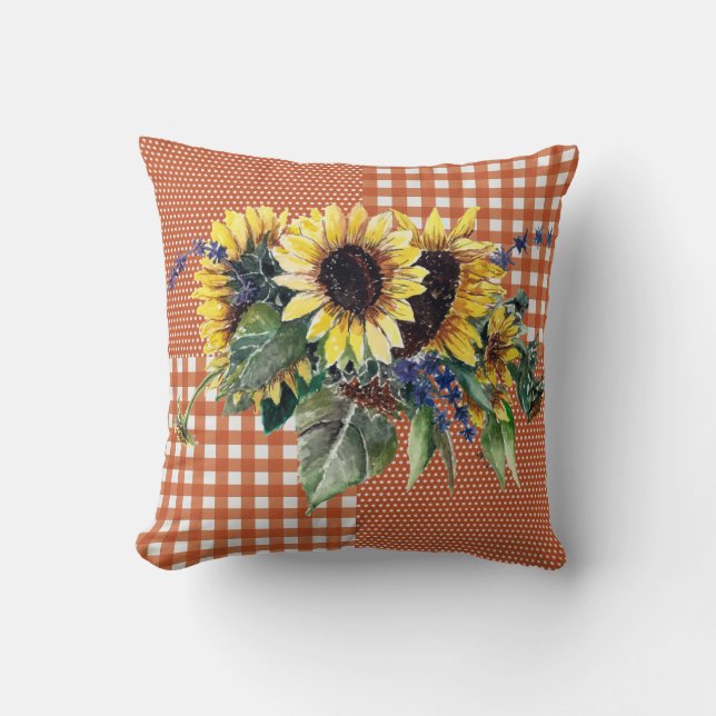 Almofada Buquê de girassol no padrão Gingham Laranja Queima (Frente)