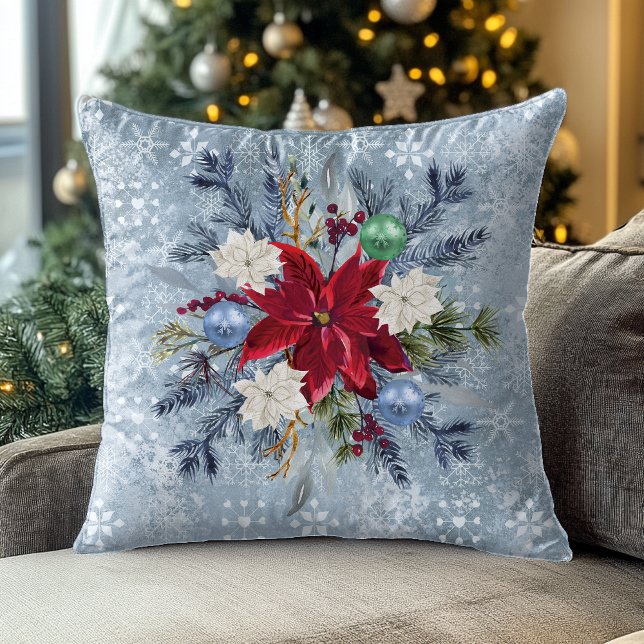 Almofada Buquê de Poinsettia Azul Empoeirado de Natal (Criador carregado)