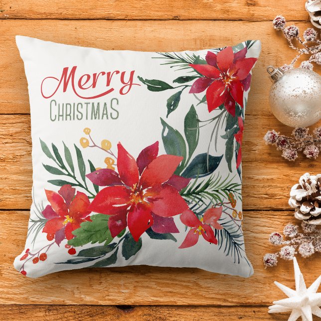 Almofada Buquê de Poinsettia Vermelha com Aquarela Natal (Criador carregado)