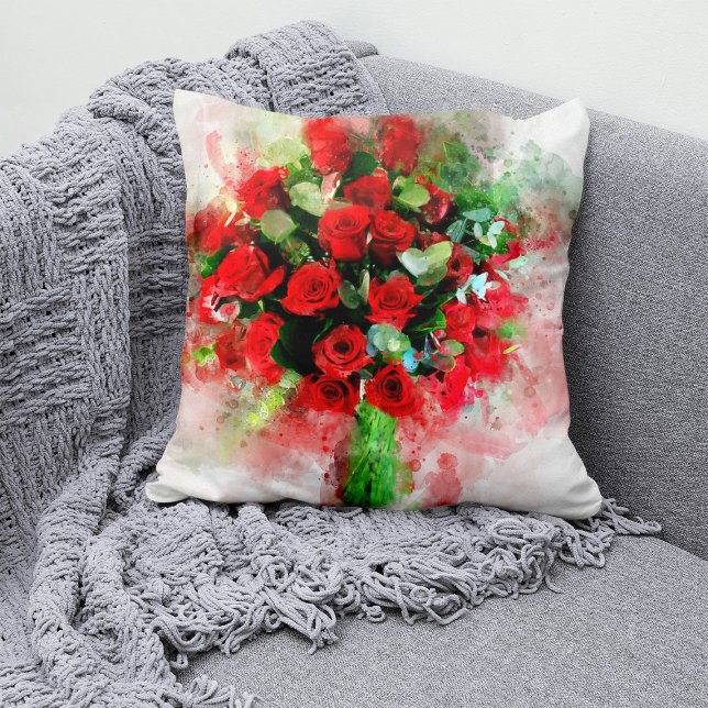 Almofada Buquê de Rosas Vermelhas Aquarela em Fundo Branco (Red Roses Bouquet Watercolor on White Background. Throw Pillow)