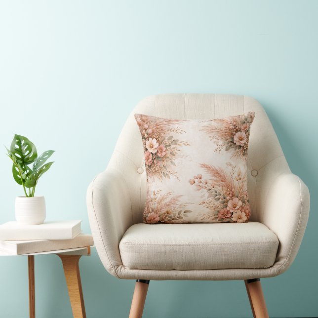 Almofada Buquê Floral Boho Pampas Rosa Bege (Cadeira)