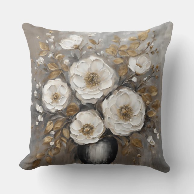 Almofada Buquê Floral Branco Dourado e Cinza (Frente)
