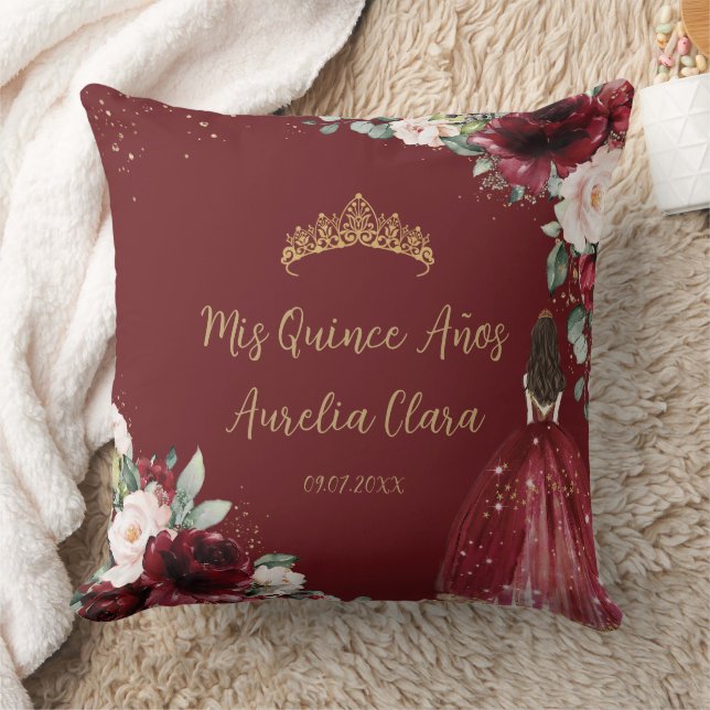 Almofada Burgundy Blush Floral Dourada Quinceañera Keepsak (Cobertor)