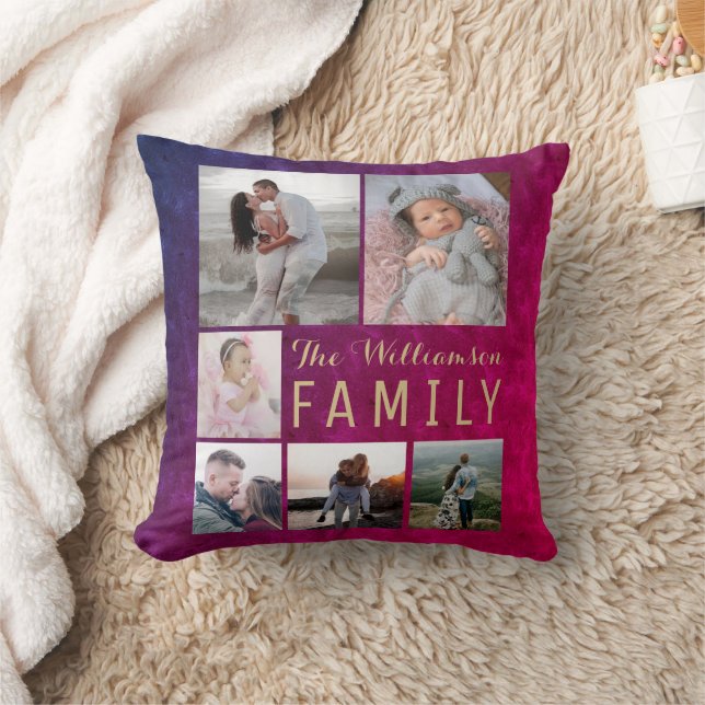 Almofada Burgundy Gold Family Photo Collage Throw Pillow (Cobertor)