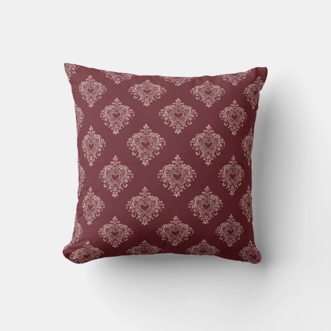 Almofada Burgundy Heart Damask Throw Pillow (Frente)