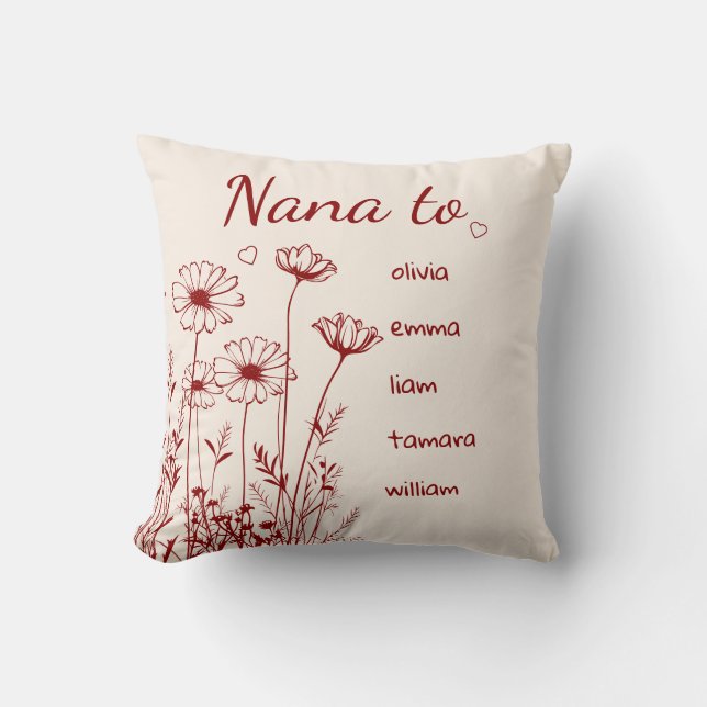 Almofada Burgundy Wildflowers Grandchildrens Names Nana (Frente)