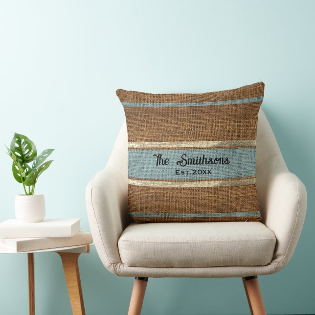 Almofada Burlap Rustic Brown Sage Green Family Name (Cadeira)