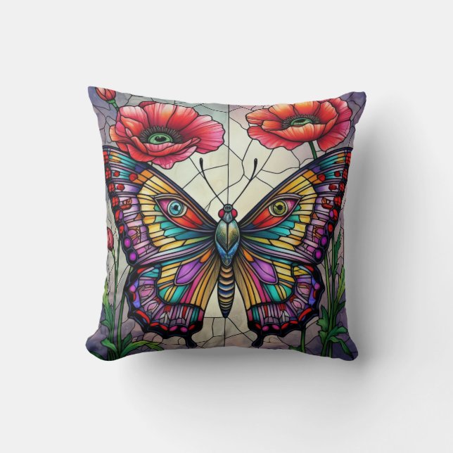 Almofada Butterfly stained glass design poppy flower (Frente)