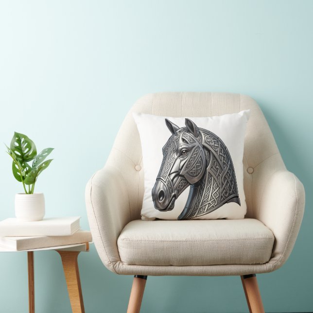 Almofada Cabeça de Cavalo de Prata Celta Majestosa com Padr (Cadeira)